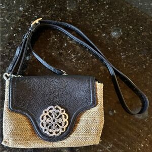 Brighton Straw Leather Crossbody Bag Brown Woven Raffia Silver Medallion Boho